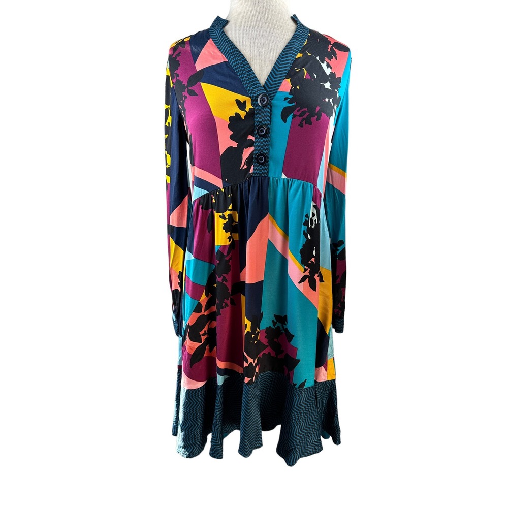 Anthropologie x Maeve Gillian Abstract Shirtdress Blue Black Shirt Dress LS XS - Picture 2 of 15